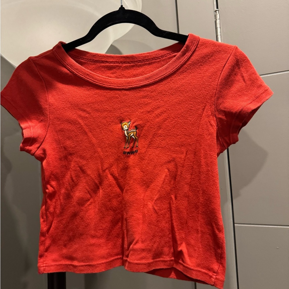 Brandy Melville Red Crop Top with Deer Embroidery